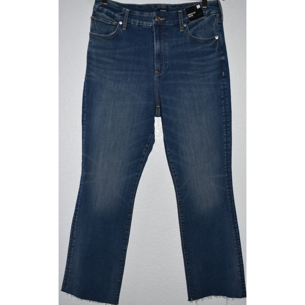 Express Cropped Flare High Rise Jeans LARGE FLEX HYPER Stretch Blue Denim NEW